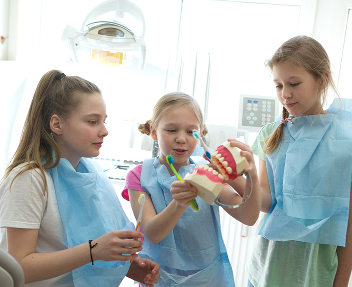 Three young girls in dental office holding toothbrushes and a model of the teeth