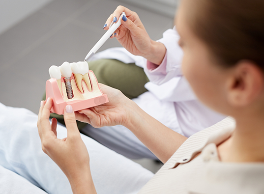 Dentist showing a patient a model of a dental implant